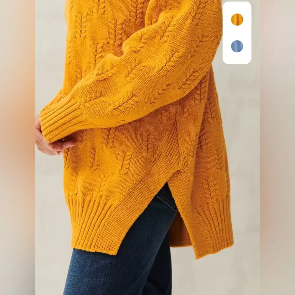 Lucky Brand Drop Shoulder Tunic Sweater V Neck Braided Stitch Size Small Mustard